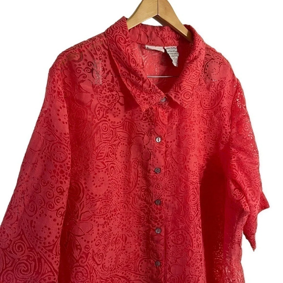 White Stag Pink Button Up Blouse Plus Size 26W 28W Sheer Burnout Floral Swirls - Picture 6 of 7